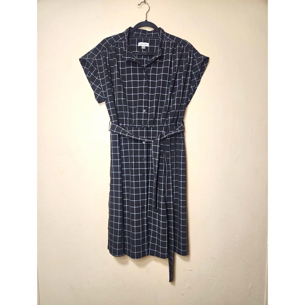 Calvin Klein Butron Front Shirt Dress Womens Size 14 Black White Check Belted